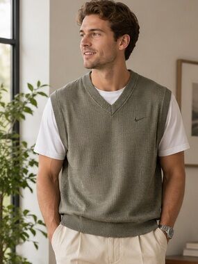 Nike Golf Ribbed V-Neck Sweater Vest Olive Green Cotton Blend Embroidered Logo M